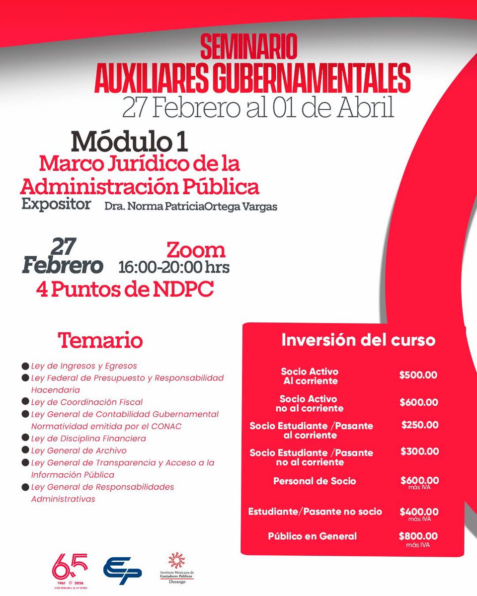 📘 Entender la ley también es servir mejor.

👩🏻‍⚖️ Imparte: Dra. Norma Patricia Ortega Vargas
🗓 27 de febrero | 🕓 16:00–20:00 hrs
💻 Zoom
📲 Informes: 618 127 83 49

Una buena administración empieza con conocimiento sólido. Aquí comienza el diplomado.