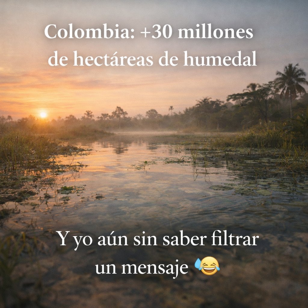 Colombia tiene más de 30 millones de hectáreas de humedal… 🌊
Y yo todavía sin saber filtrar un mensaje 😅💧
Aprendamos de los ecosistemas: equilibrio, criterio y menos drama. ✨
#Humedales #NaturalezaViva #HumorAmbiental #AlasDeVida #Colombia