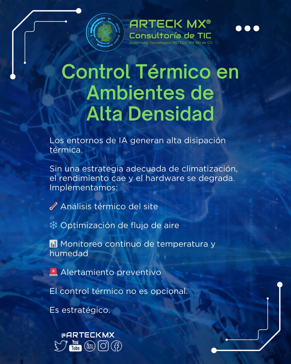 arteck_mx's tweet photo. Los ambientes de alta densidad para IA generan calor que puede comprometer rendimiento y vida útil del hardware.

El análisis térmico, la optimización del flujo de aire y el monitoreo continuo permiten mantener condiciones óptimas y prevenir degradación operativa. https://t.co/MaTQ24vrvd