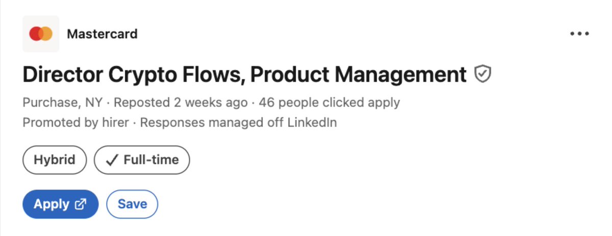 Big TradFi Crypto Move
Mastercard is hiring a Director to lead Crypto &amp; DeFi payments.
This isn’t a small role; it’s a leadership position shaping how crypto interacts with global payments.
When legacy financial giants hire for DeFi strategy, it signals crypto isn’t fringe… It’s
