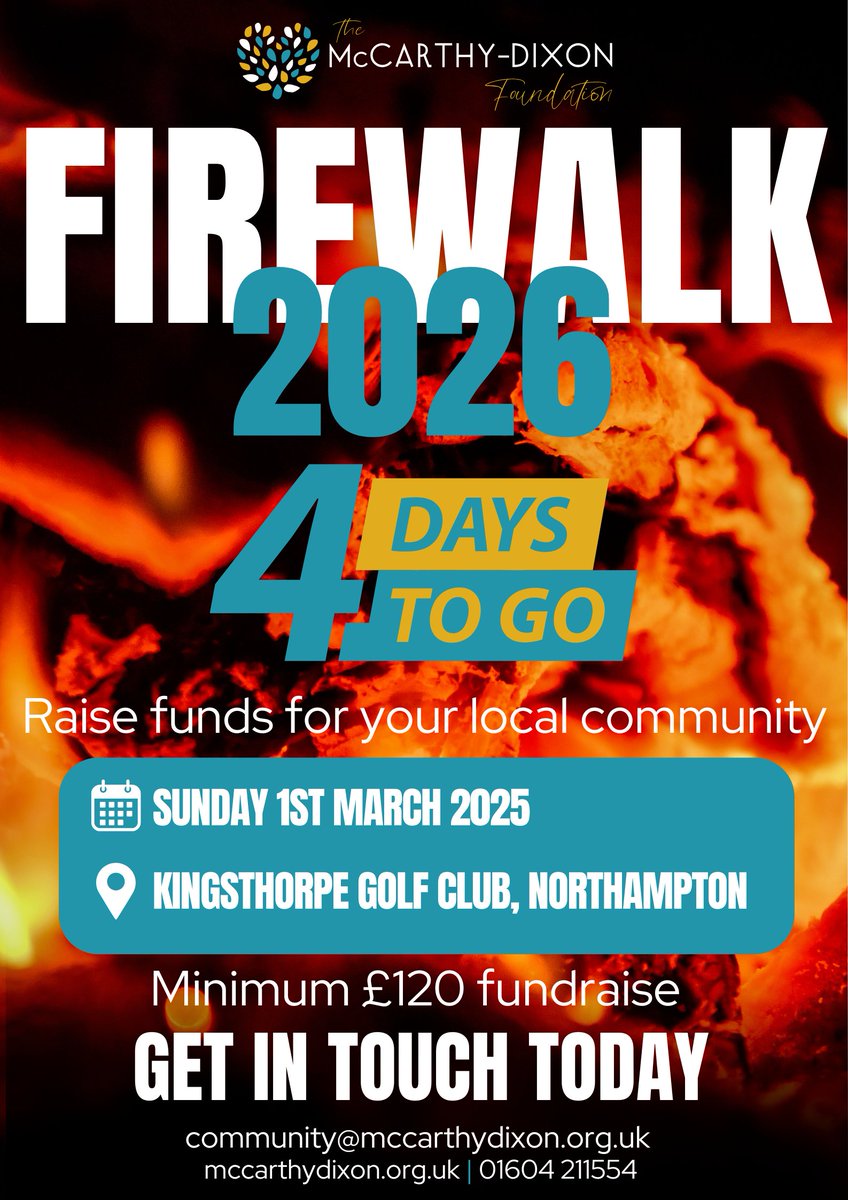 TMDFoundation's tweet image. 🔥 4 Days to Go! 🔥

Our Firewalk is happening THIS Sunday 1st March — are you ready? 👣🔥

There’s still time to cheer on our brave participants or get involved in supporting this incredible challenge 💛

#Firewalk #TMDF #ChallengeEvent #4DaysToGo