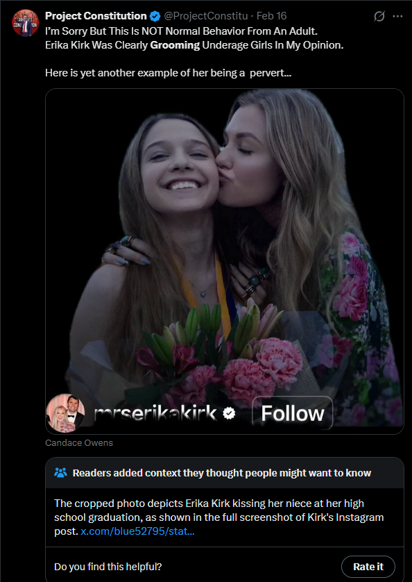 Dude edited Erika Kirks picture with her niece to make it look worse. The original is in front of a school, not a black background
