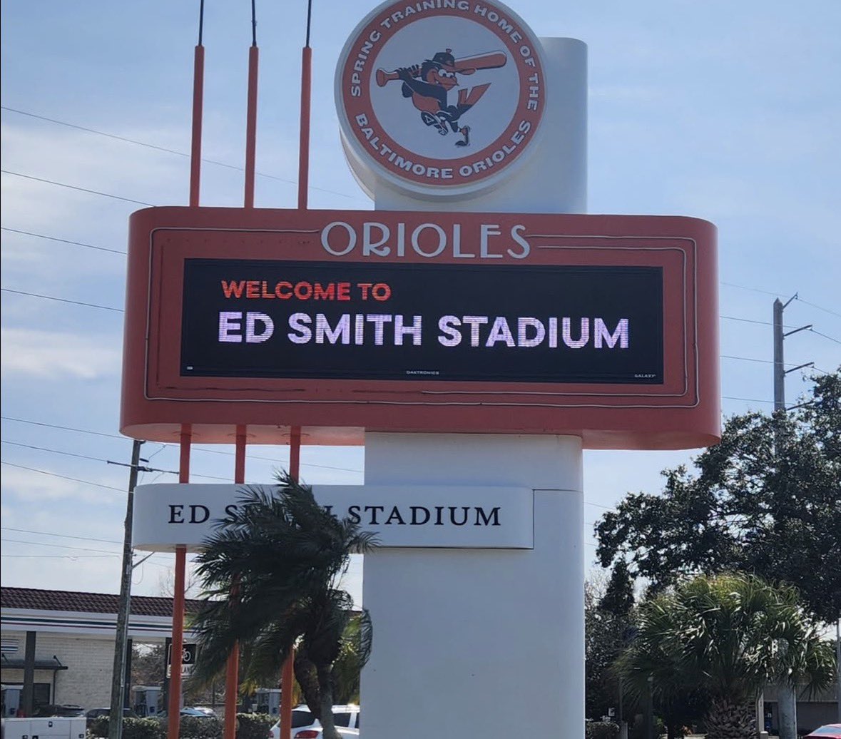 JRalph410's tweet photo. Good afternoon from Sarasota. The #orioles and #rays square off in about an hour. Trevor Rogers looks to continue his dominate spring against righty Brody Hopkins. Today is dollar dog day at Ed Smith so to all of #Birdland in attendance here today make sure to put some dogs down! https://t.co/hRBEGWUF1q