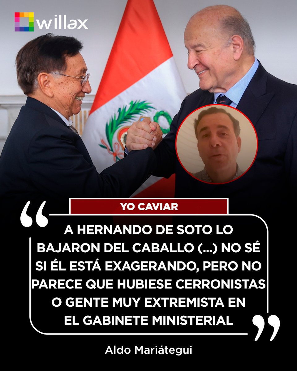 willaxtv's tweet photo. Aldo Mariátegui: "A Hernando de Soto lo bajaron del caballo; no parece haber extremistas en el Gabinete, pero habría que ver quiénes son de Alianza para el Progreso, porque César Acuña ha estado negociando".
#YoCaviar #AldoMariátegui #HernandoDeSoto #Balcázar https://t.co/g05uEDTXMY