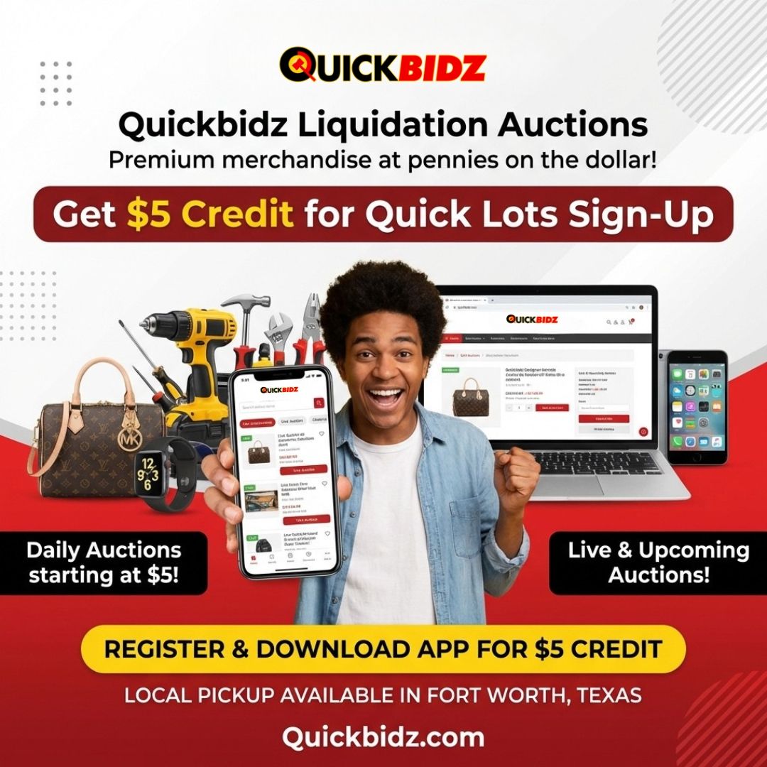 quicklotz's tweet image. Score $5 credit instantly when you download the Quick Lots app and dive into Fort Worth's hottest live auctions with nationwide shipping at your fingertips! 🛒✨ #QuickLots #LiveAuctions #FortWorthDeals #ShopSmart #NationwideShipping #AppDeals #AuctionFinds