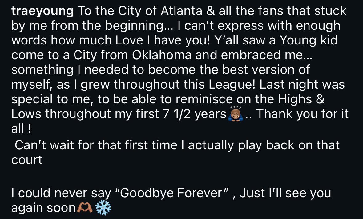 ZachLangleyNBA's tweet image. Trae Young via IG:

“I could never say ‘Goodbye Forever’, Just I’ll see you again soon.”