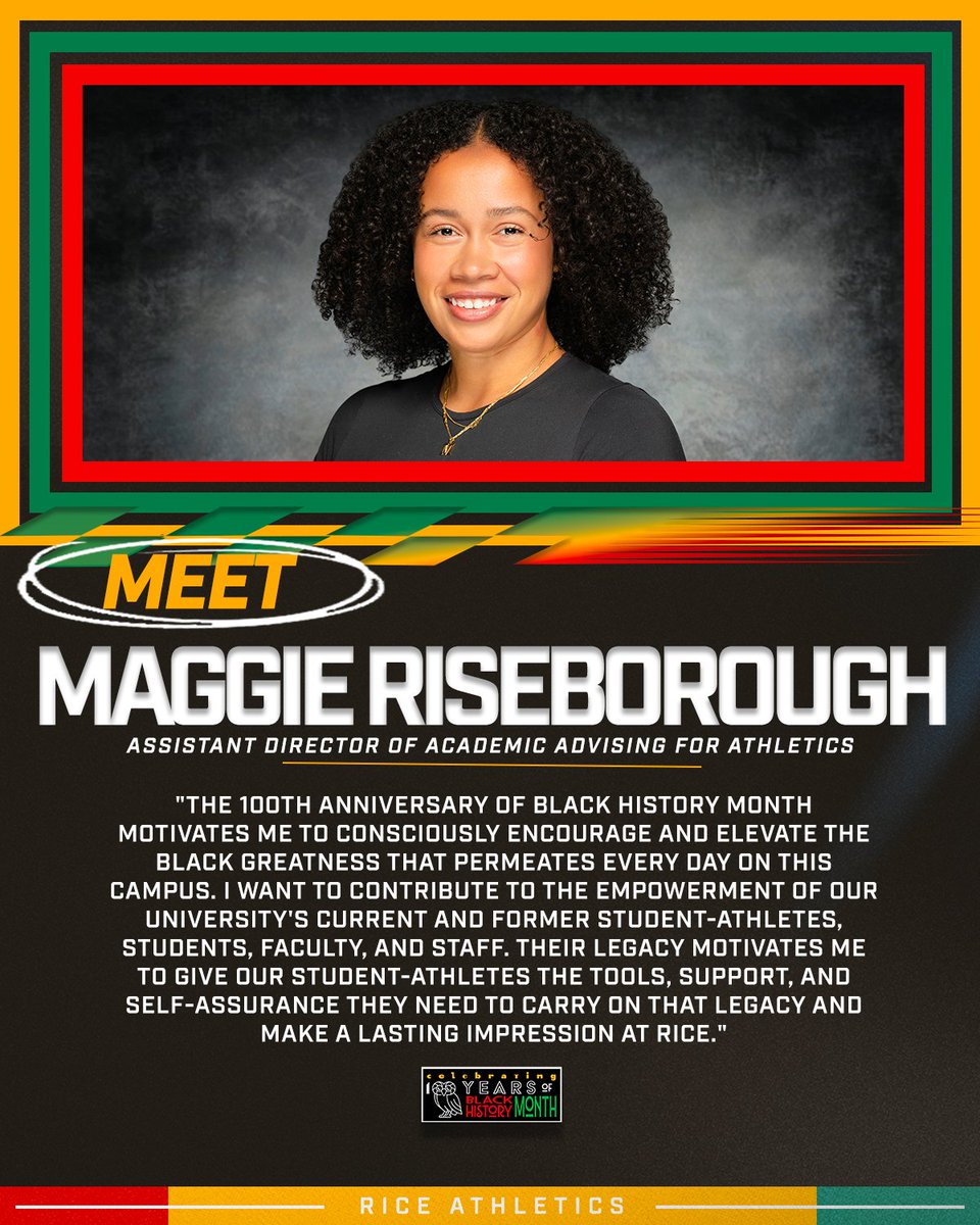 RiceAthletics's tweet photo. “How does the 100th Anniversary of Black History Month inspire your impact at Rice?”
Meet Maggie Riseborough, sharing what this milestone means to them.
#GoOwls👐 #BlackHistoryMonth #OwlInTaskForce https://t.co/xpXtopPxXY