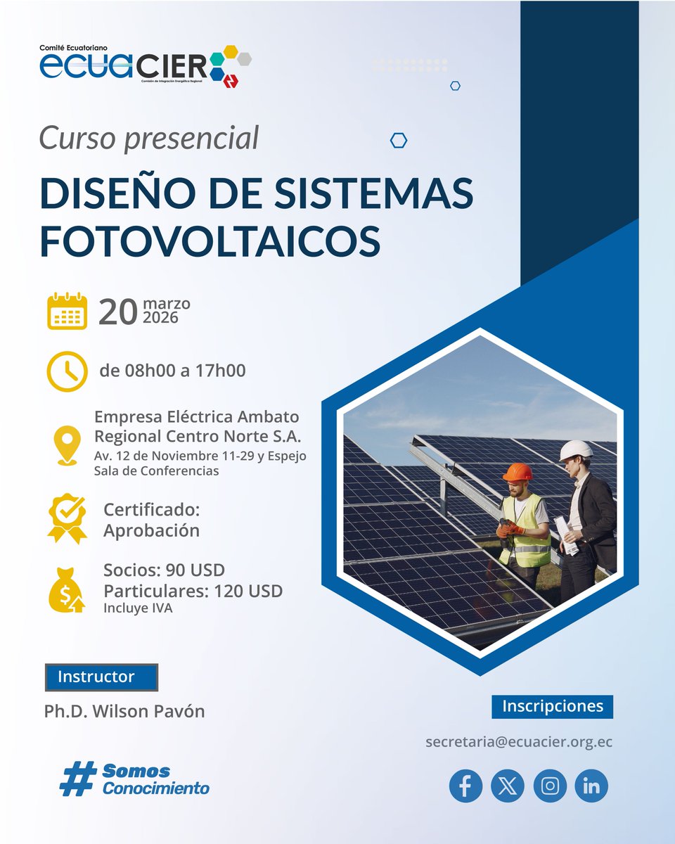 EcuacierEc's tweet photo. 📢 ECUACIER INVITA | Curso: Diseño de Sistemas Fotovoltaicos ☀️⚡
Domina el dimensionamiento y simulación con PVsyst
Inscríbete: secretaria@ecuacier.org.ec
Info: https://t.co/qs33M7rwe7
#EnergíaSolar #PVsyst #Ingeniería #Ecuador #Renovables #Ecuacier https://t.co/E4gJCoACdi