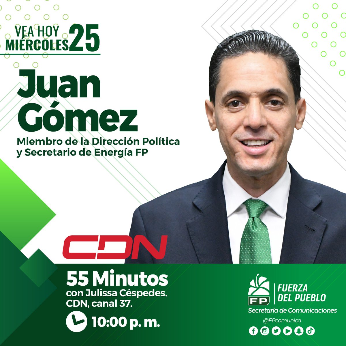 No se pierdan la interesante entrevista Ing Juan Gómez, Miembro de la Dirección Política, Secretario de Energía <a href="/EnergiaFP/">Secretaría de Energía FP</a> vocero del partido Fuerza del Pueblo <a href="/FPcomunica/">@Fuerza del Pueblo (FP)</a>

Fecha🗓️: Viernes 25 de febrero de 2026

Hora⏰: 10:00 pm

Programa 📷: 55 Minutos 

Emisora 🎥: CDN Canal37