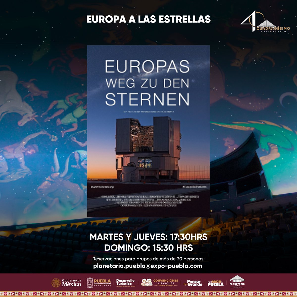 🚀🌌 Descubre el espacio en el Planetario de Puebla.

“Europa a las Estrellas” ofrece una experiencia visual que une ciencia y exploración espacial. ✨

📆 Mar y jue | 17:30 horas.
📆 Dom | 15:30 horas.
🎟️ $80 pesos
📩 planetario.puebla@expo-puebla.com

#LatidoDeMéxico