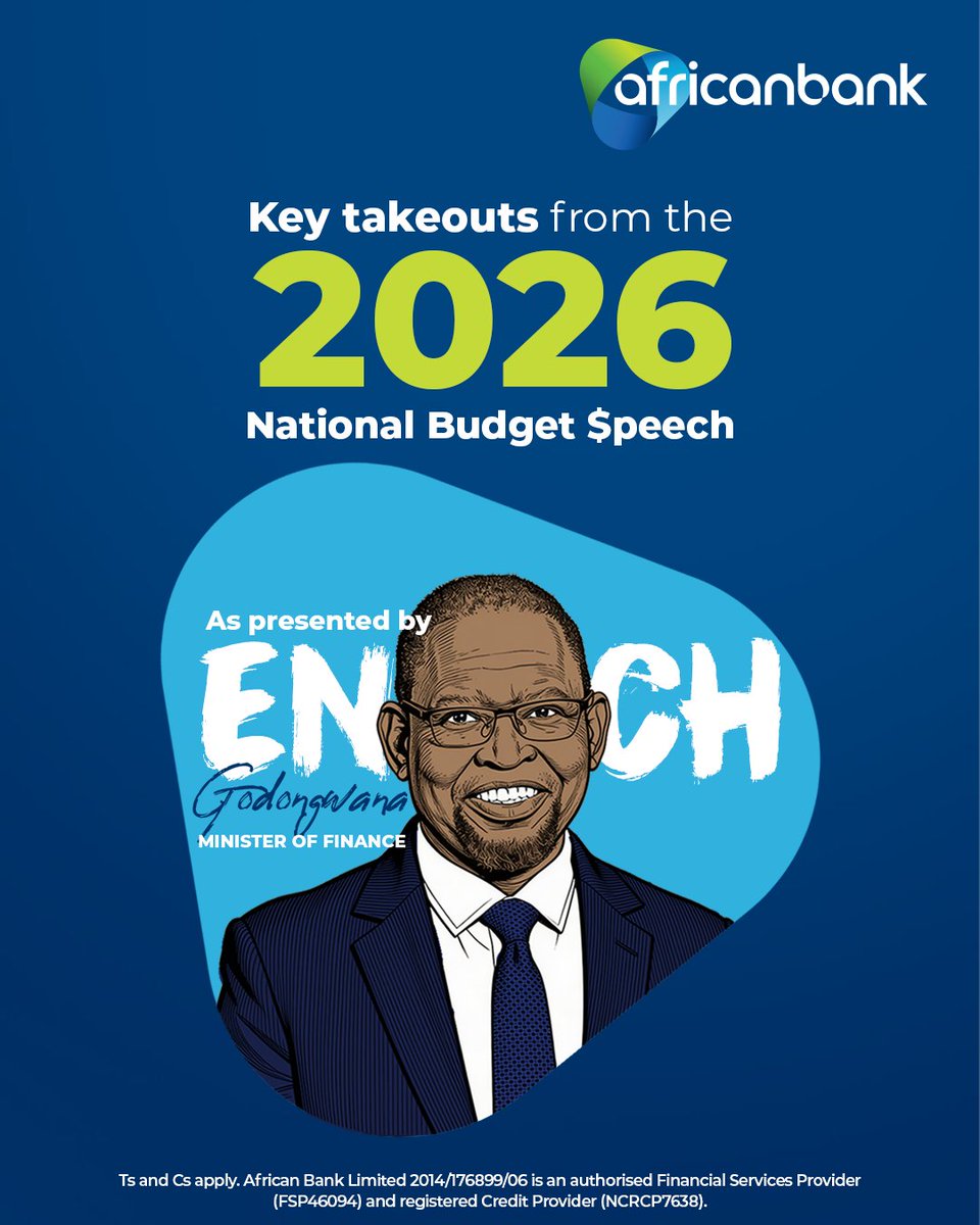 AfricanBank's tweet image. The 2026 Budget Speech by Minister of Finance, Enoch Godongwana, offered some relief for households struggling to keep pace with the rising cost of living. We unpack the key takeouts from his much-anticipated speech, and what it means for you.

#AfricanBank #AudacityToBelieve
