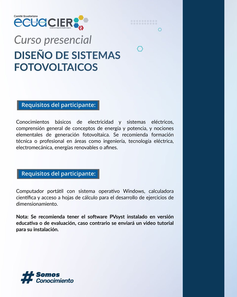 EcuacierEc's tweet photo. 📢 ECUACIER INVITA | Curso: Diseño de Sistemas Fotovoltaicos ☀️⚡
Domina el dimensionamiento y simulación con PVsyst
Inscríbete: secretaria@ecuacier.org.ec
Info: https://t.co/qs33M7rwe7
#EnergíaSolar #PVsyst #Ingeniería #Ecuador #Renovables #Ecuacier https://t.co/E4gJCoACdi