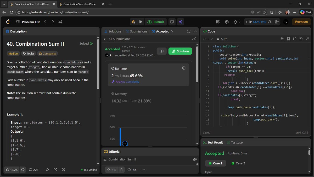's tweet image. Day 128: Combination Sum II
Sort first
Skip duplicates
Use each element once
#LeetCode #Backtracking #Recursion