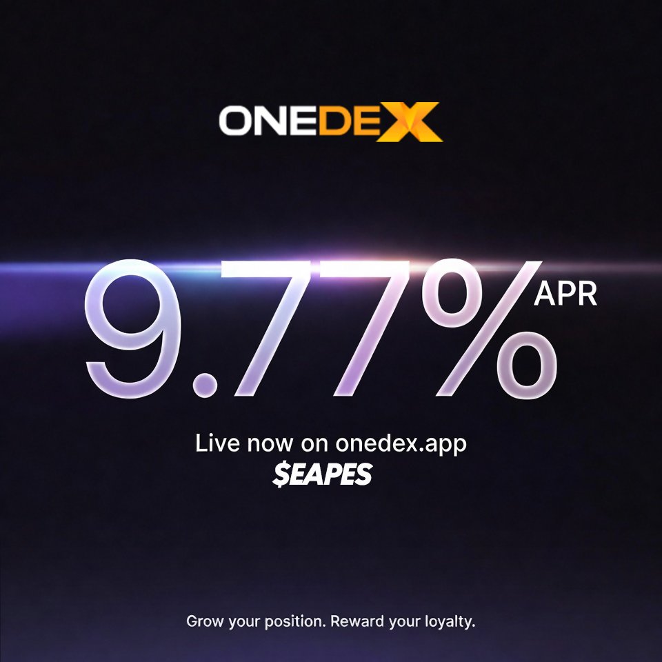 🟣 $EAPES Staking APR Update 🟣

Good morning, fam.
🟢 9.77% APR — Now Live on <a href="/OneDex_X/">OneDex</a>

If you’re already staking $EAPES, no action is required.
The updated APR applies to the existing pool.
💠No unbonding period.
💠Withdraw anytime (subject to platform terms).

Access the