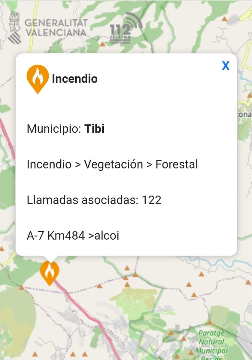 VOSTcvalenciana's tweet photo. 🔥 Declarado #incendio #forestal en #Tibi (A) junto a la #A7 km.484 se ha extendido a zona forestal.
HT de seguimiento #IFTibi.
Medios movilizados. https://t.co/H0VY4UGbIj