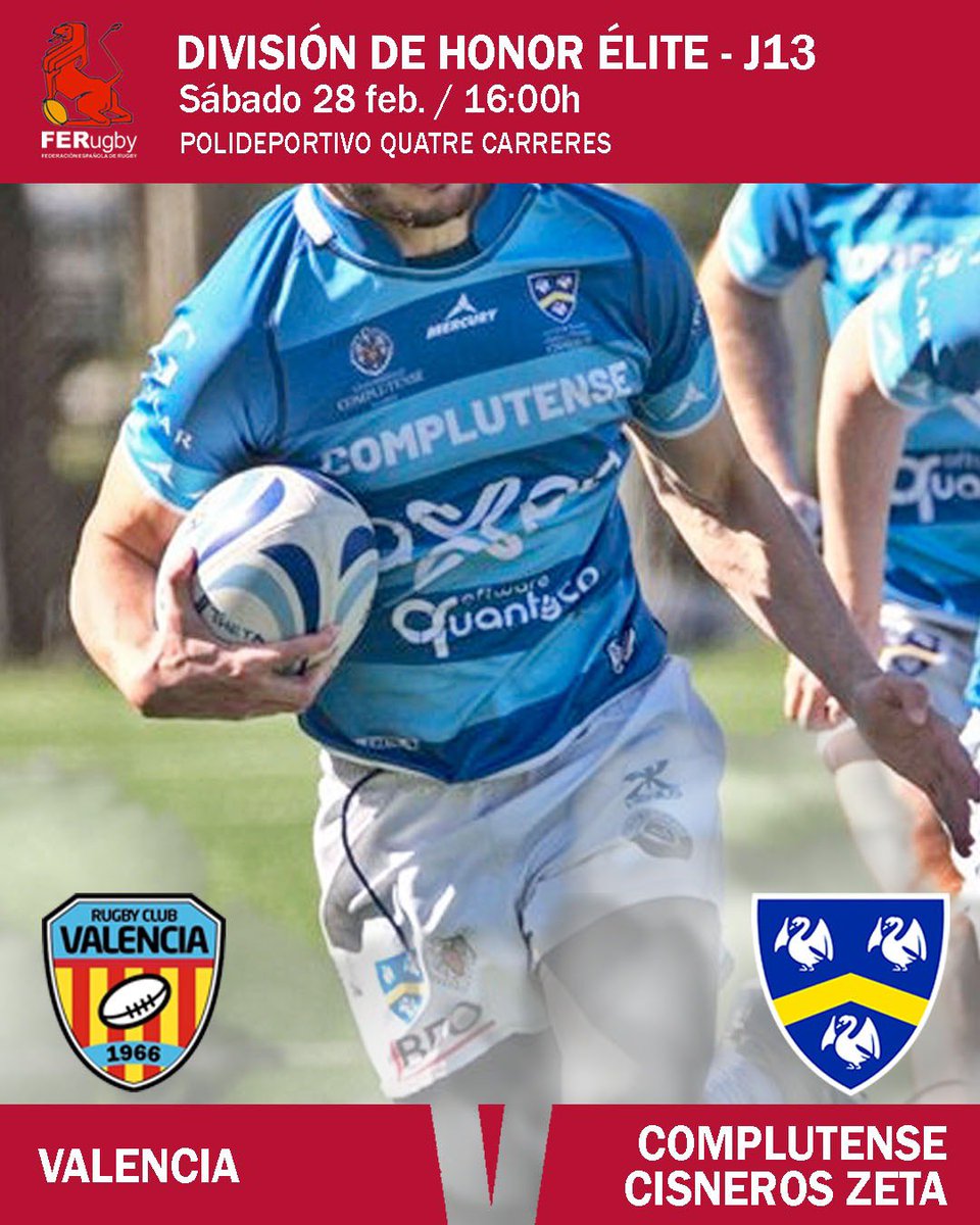 Cisneros_Rugby's tweet photo. 🏉 𝗝𝟭𝟯 𝗗𝗛Élite 

🆚 Valencia
📍 Polideportivo Quatre Carreres
🗓 Sábado 28 feb.
⏰ 16:00h

Nueva jornada fuera de casa para nuestro Complutense Cisneros Zeta 💙
¡A por todas en Valencia! 🔥 https://t.co/jVnDYydOru