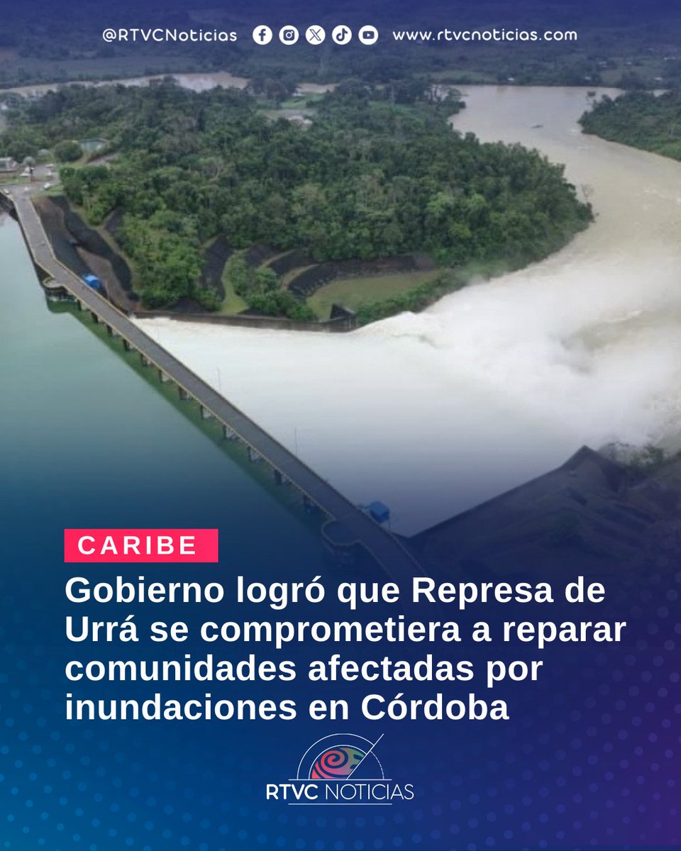 RTVCnoticias's tweet photo. #Caribe ✊🏻 l  El Gobierno nacional logró que la hidroeléctrica Urrá asuma, con recursos propios, la atención de las comunidades afectadas por las inundaciones, especialmente en el municipio de Tierralta, Córdoba.

Entre las medidas acordadas, la empresa instalará alojamientos temporales para las personas que perdieron sus viviendas y pondrá en funcionamiento un sistema de monitoreo con participación comunitaria. Mientras que la UNGRD supervisará las obras y la asistencia humanitaria.

👉🗞️ Más detalles en: https://t.co/0Rvv6vIBvF