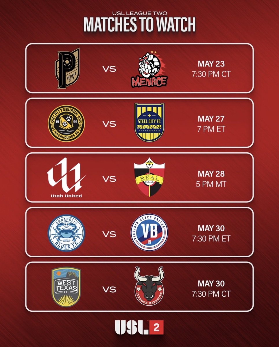 Per USL League Two… our Home Opener vs. the Menace is a match to watch. We agree 😉

Get your tickets now and support the Black &amp; Copper this summer! peoriacitysoccer.com/tickets/

#UpTheCarp x <a href="/USLLeagueTwo/">USL League Two</a>