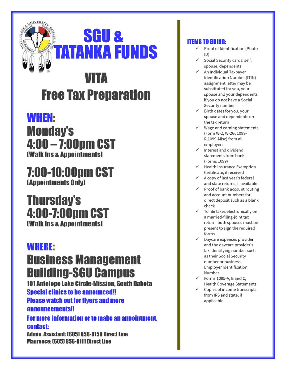 🧐 Come on out to SGU's Business Management building on the Antelope Lake Campus to have your taxes done for FREE! 🙌👩‍💻
For more information or to make an appointment, please call Tatewin Lamb at (605) 856-8150 or Maureece Heinert at (605) 856-8111. 💵💰