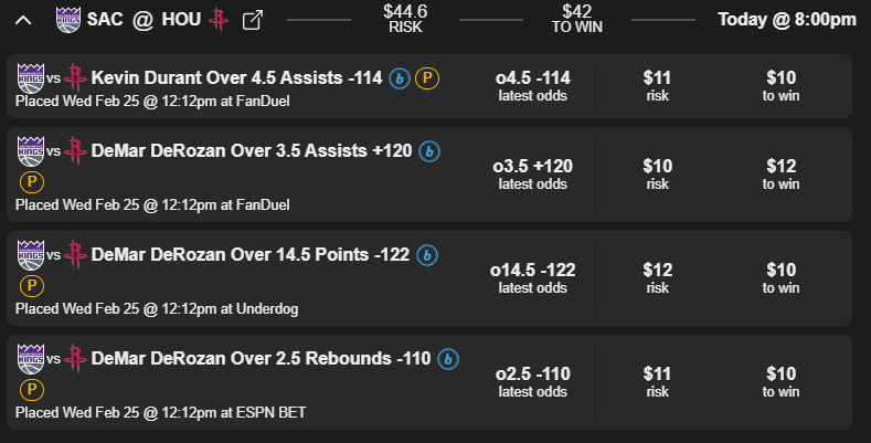TheNBACrystal's tweet photo. Daily NBA Player Picks 🔮 2-25-26
PICKS:
DeMar DeRozan OVER 14.5 PTS
DeMar DeRozan OVER 2.5 REB
DeMar DeRozan OVER 3.5 AST
Kevin Durant OVER 4.5 AST

DeMar DeRozan's lines are still too low. Recommendation to take his overs again tonight. More detailed results are shown in attached spreadsheet. 

#GamblingTwitter #SportsBetting #BettingTips #PlayerProps #NBAPredictions #PlayerProps #NBABet #BettingTips #GamblingX #Kings #DeRozan #Durant #Rockets