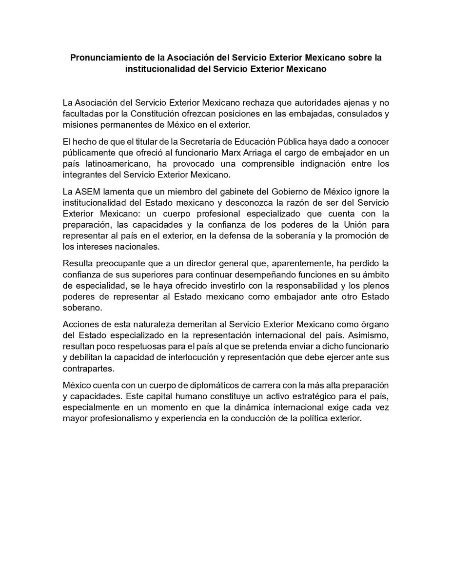 Pronunciamiento de la Asociación del Servicio Exterior Mexicano sobre la institucionalidad del Servicio Exterior Mexicano