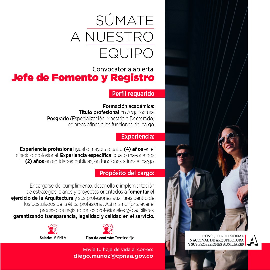 📢 ¡Convocatoria abierta!

Buscamos Arquitecto(a) con posgrado y experiencia en entidades públicas para el cargo de Jefe de Fomento y Registro.

📩 diego.munoz@cpnaa.gov.co

¿Conoces a alguien? Comparte.
¿Eres tú? Postúlate📱.

#Arquitectura #ConvocatoriaLaboral #SectorPúblico