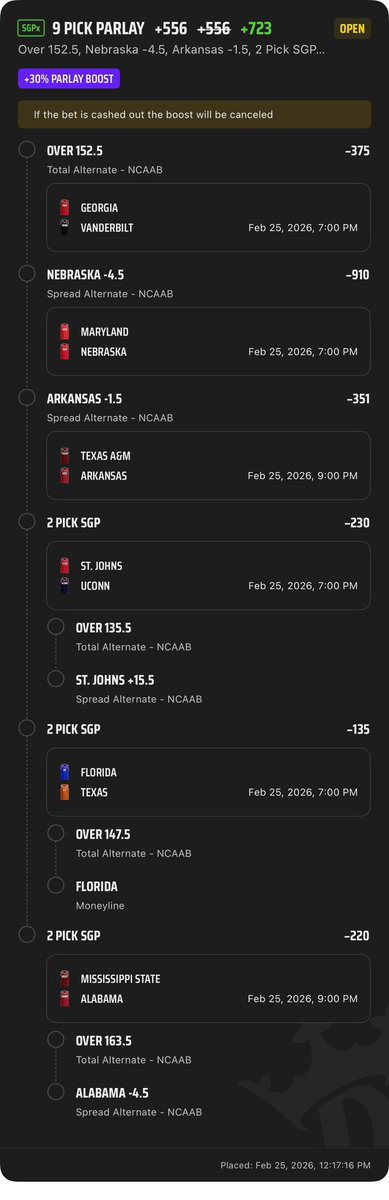 CBB 9 legs +723 Script

BYU didn’t follow the script last night. Tonight we got no hooks. Only green.

$10 to a follower that likes this post when we cash💰

Ladder challenge and NBA Daily double coming soon👀

Link: sportsbook.draftkings.com/social/post/8d…

#GamblingX #draftkings