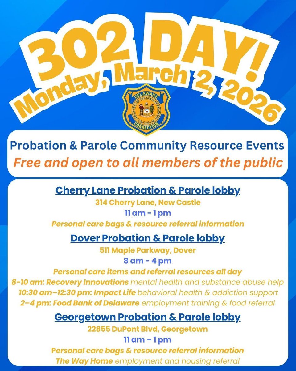 DECorrection's tweet photo. On Monday, March 2, DOC proudly joins Governor Matt Meyer and fellow state agencies in celebrating 302 Day — a day dedicated to service, volunteerism, and giving back to our Delaware communities.
Learn more about 302 Day here: https://t.co/dsOnLDSDXx
#302Day #DelawareDOC https://t.co/s33zobSeRD