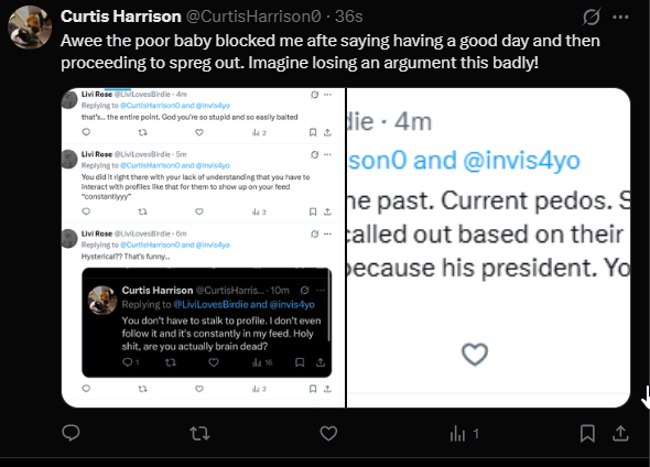 anonomousity's tweet photo. @LiviLovesBirdie @CurtisHarrison0 @invis4yo Oh shit. you got roasted, and then blocked him. Bad look. https://t.co/oV2iRPfOkf