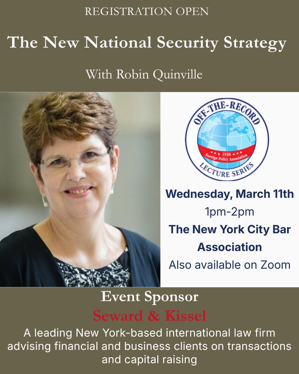 OTR1938's tweet photo. Join Robin Quinville for an insider look at America’s evolving security approach and its global impact.

📅 March 11 | 1–2 PM
📍 NYC Bar Association | 💻 Zoom
🎟️ Registration closes March 10: https://t.co/aUQkFzVAxq

#OTR #NationalSecurity #ForeignPolicy #Transatlantic https://t.co/XsUiUEHjyp