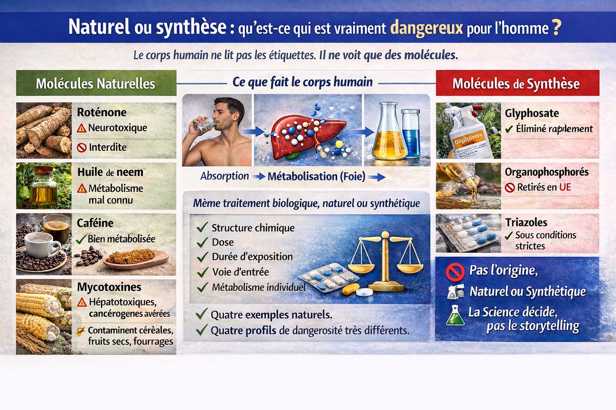 🌿 Naturel ou de synthèse : ce que la toxicologie humaine en pense vraiment

On oppose souvent pesticides naturels et pesticides de synthèse comme s’il s’agissait de deux catégories biologiquement opposées.
Mais pour le corps humain, cette frontière n’existe pas.

👉 Le foie ne