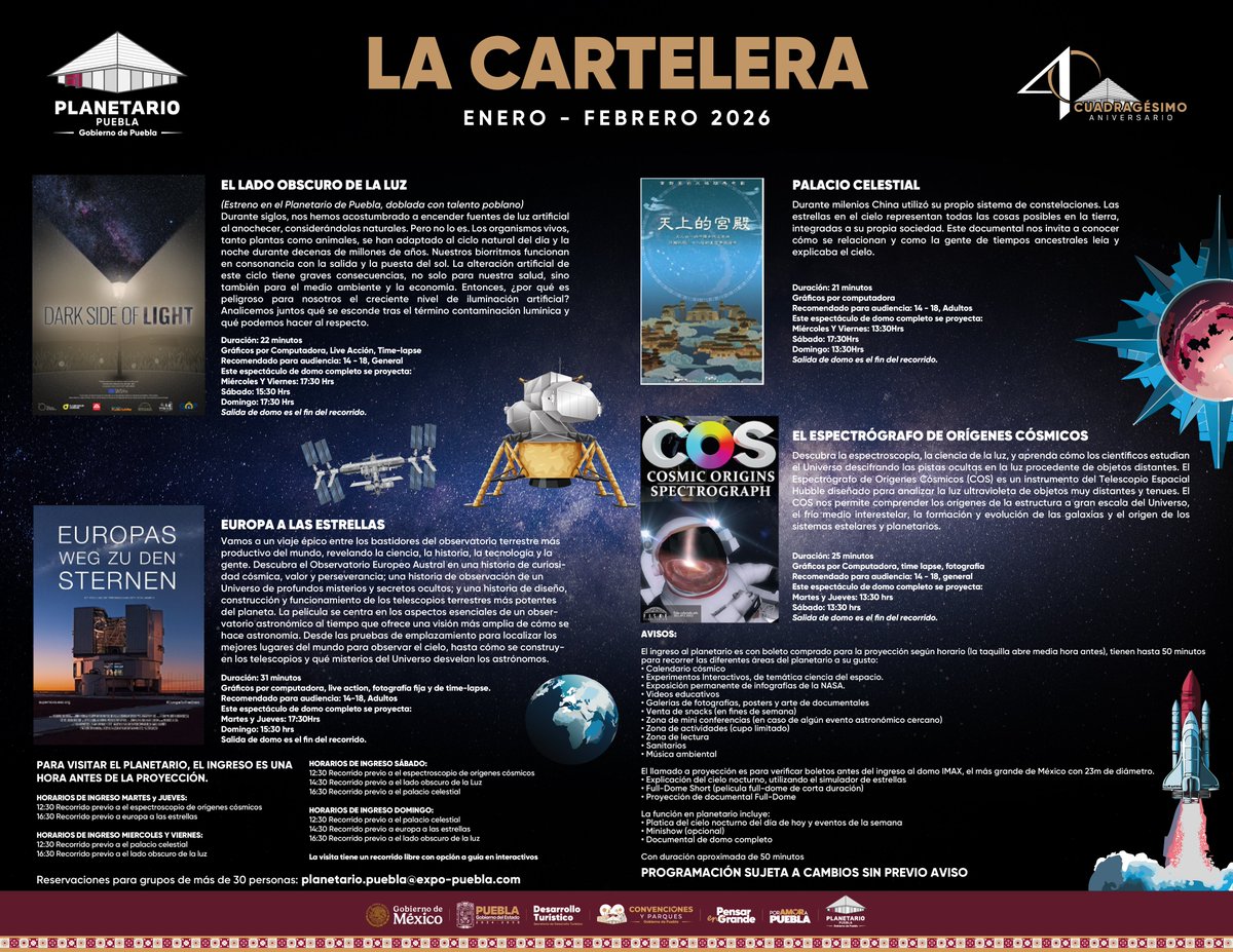 🪐🌌 Vive el universo en el Planetario de Puebla.

Explora “El Lado Obscuro de la Luz”, “Palacio Celestial”, “Europa a las Estrellas” y “El Espectrógrafo de Orígenes Cósmicos”. 🔭✨

🎟️ Entrada general: $80 pesos

#PlanetarioDePuebla #ExperienciaCósmica #LatidoDeMéxico