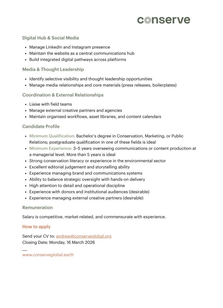 EemanBintSulaym's tweet photo. Remote within Africa ✅ 

Apply to andrew@conserveglobal.org with a recent CV and a comprehensive cover letter introducing yourself, your experience, and why you believe you are a good candidate for the position. 

Good luck 🍀 https://t.co/SpGOLYRA5y