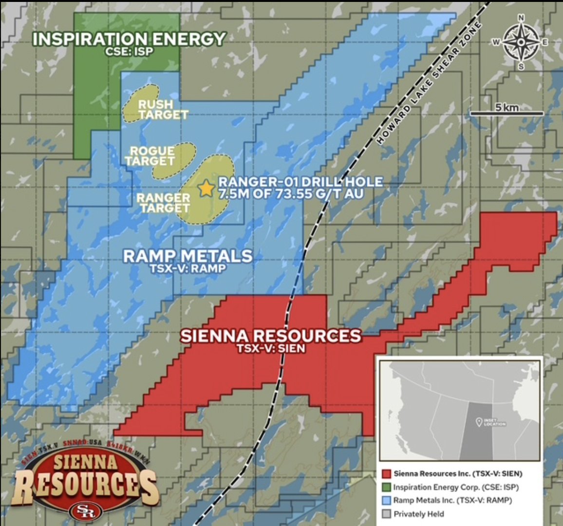HedgehogTrader's tweet photo. Sienna Resources $SIEN.V $SNNAF FYI- Sienna holds the largest land package next to Ramp Metals as well!  Go RAMP! https://t.co/Py5AN9N3yN