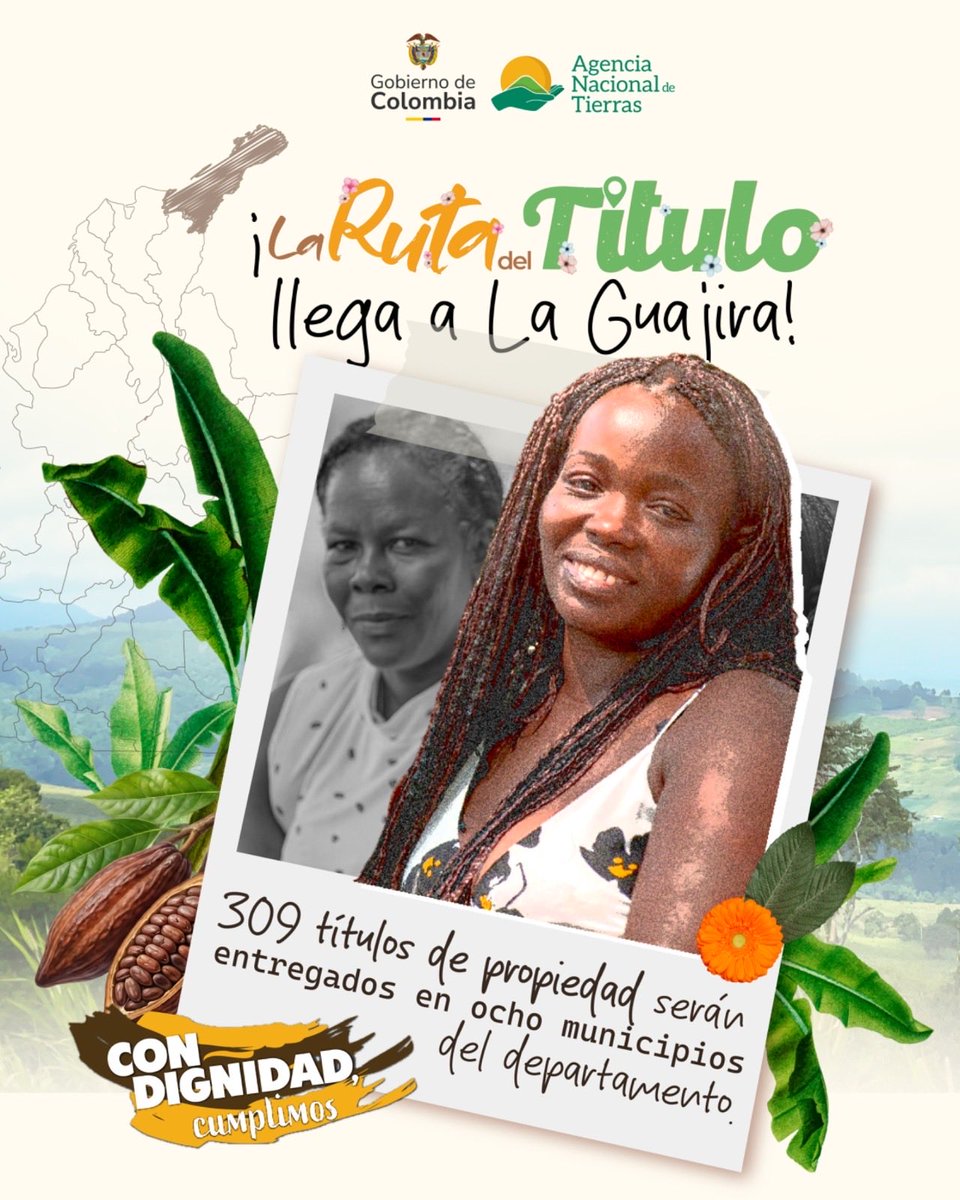 En la Ruta del Título, serán 6.836 has en todo el territorio guajiro, fortaleciendo el desarrollo rural, la estabilidad social y el crecimiento económico.
Estas entregas son claves  en la formalización y la construcción de un futuro próspero para La Guajira. #ConDignidadCumplimos