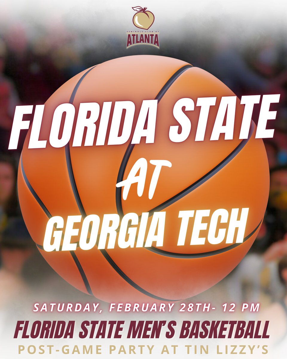ATLSeminoleClub's tweet photo. 🏀 ATL TAKEOVER. LET’S GO.

@fsuhoops faces Georgia Tech this Saturday at McCamish Pavilion &amp; we need a sea of Garnet in the building to cheer on our ‘Noles. 

📅 Feb. 28 | Tip-Off at ⏰ 12 PM

🎟️ Click the link to grab your tickets: https://t.co/KbW0qP6Ghc

Go ’Noles! 🍢 https://t.co/w6wo7OTxzx