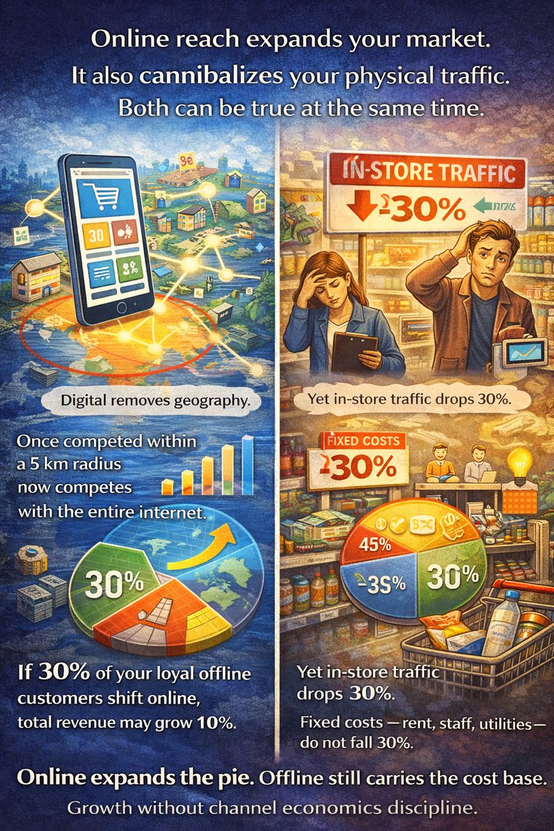 einfosystemcom's tweet photo. Online reach expands your market. It also cannibalizes your physical traffic. Both can be true at the same time. https://t.co/oWy9HcjjQw