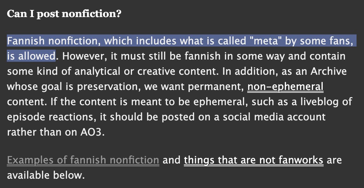 holybatmans's tweet photo. i also think a lot of people misunderstand the purpose of ao3. most people see it as a fanfiction platform, but it's supposed to be an ARCHIVE of fan WORKS. if you've written a huge forum thread about a theory you have you can publish it on ao3 too. This is from their TOS ⬇️ https://t.co/VCIoCbesHh