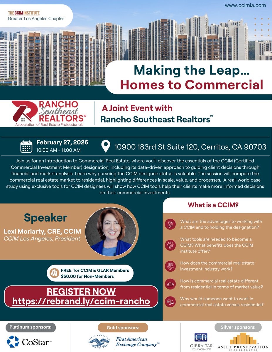 Join us THIS FRIDAY for Making the Leap… Homes to Commercial with Rancho Southeast Realtors.

Learn about CRE fundamentals + the value of the CCIM designation.

⏳ Spots are limited — register ASAP: rebrand.ly/ccim-rancho