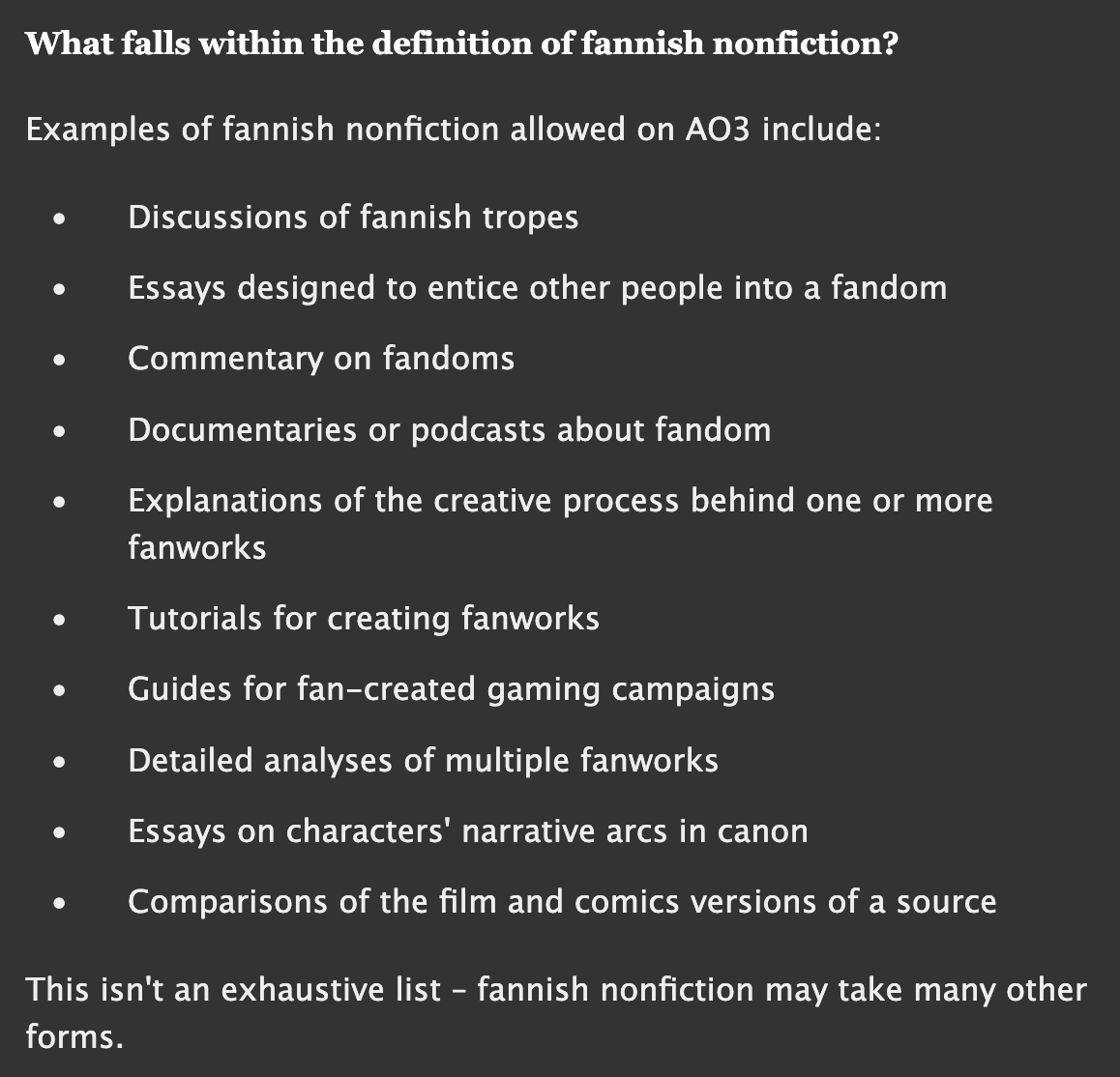 holybatmans's tweet photo. i also think a lot of people misunderstand the purpose of ao3. most people see it as a fanfiction platform, but it's supposed to be an ARCHIVE of fan WORKS. if you've written a huge forum thread about a theory you have you can publish it on ao3 too. This is from their TOS ⬇️ https://t.co/VCIoCbesHh