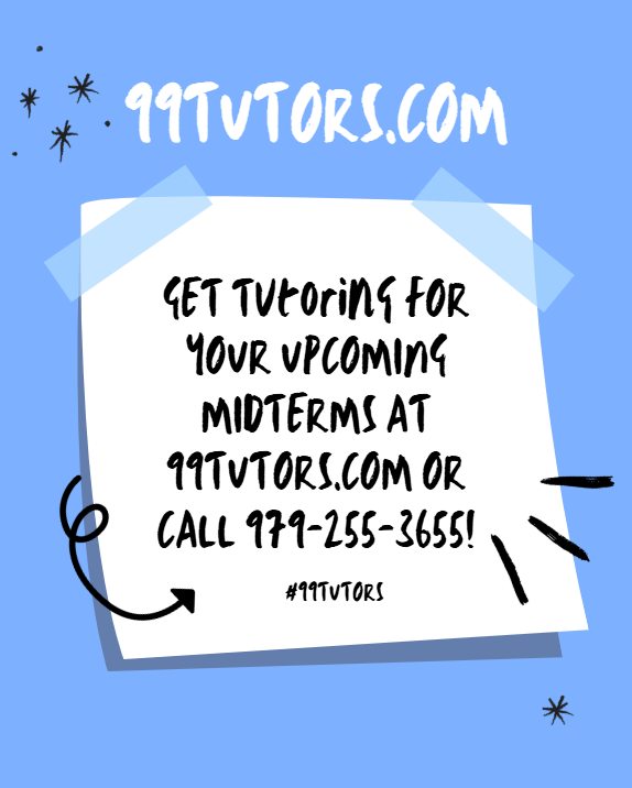 📚 Midterms in Texas? We’ve got you! ✨

99Tutors offers online &amp; in-person tutoring for multiple schools across Texas — private or group sessions to fit your style. 💡

Get exam-ready today!
🌐 99tutors.com | 📞 979-255-3655
#MidtermPrep #Tutoring #StudySmart