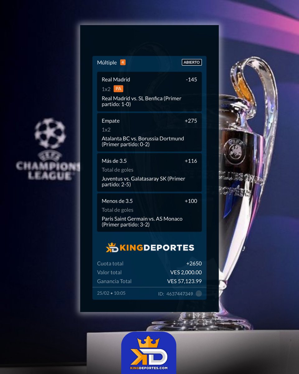 Mi soñadora para hoy en Champions.👀🥶

Yo la veo posible. Confíen. 🫡

Si gano regalo 45bs entre todos los que den like.💰😉

Hay un bono de 10$ para los 20 primeros que se registren desde el enlace del primer comentario.🚨🚨