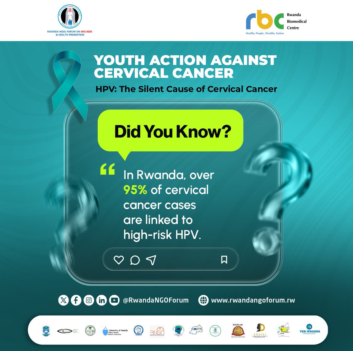 Yesi_Rwanda's tweet photo. 🦠 Cervical cancer is preventable. Rwanda has reached 90% HPV vaccination among girls, but screening remains low at 31% vs the 70% target. Youth must raise awareness, promote screening &amp;fight stigma to achieve the 90–70–90 goals.
#YouthAgainstCervicalCancerRw #TestToKnowRw https://t.co/SDR7h3DMgH