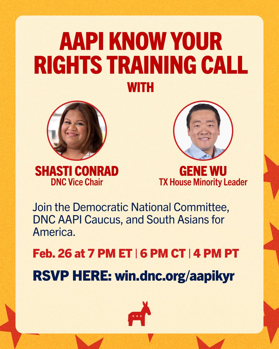 texasasiandems's tweet photo. @TheDemocrats, DNC AAPI Caucus, &amp; @SAforAmerica invite you to an AAPI Know Your Rights training.

As the Trump admin threatens our voting &amp; constitutional rights, join us to learn how to protect ourselves &amp; our communities.

🗓 Thurs, Feb 26, 6 PM CT
RSVP: https://t.co/XYXGp6MyXW https://t.co/GH039Xkm6K
