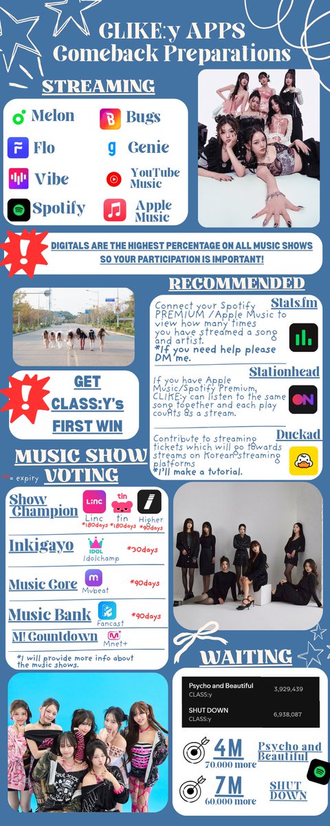 CLASS:y IS MAKING A COMEBACK.✨

Please look at the following infographic for apps to download to prepare for the comeback!🎵

We must prepare well and GET CLASS:y's FIRST WIN.🏆

DIGITALS AND VOTING ARE IMPORTANT FOR MUSIC SHOW WINS. PLEASE PREPARE.🎯