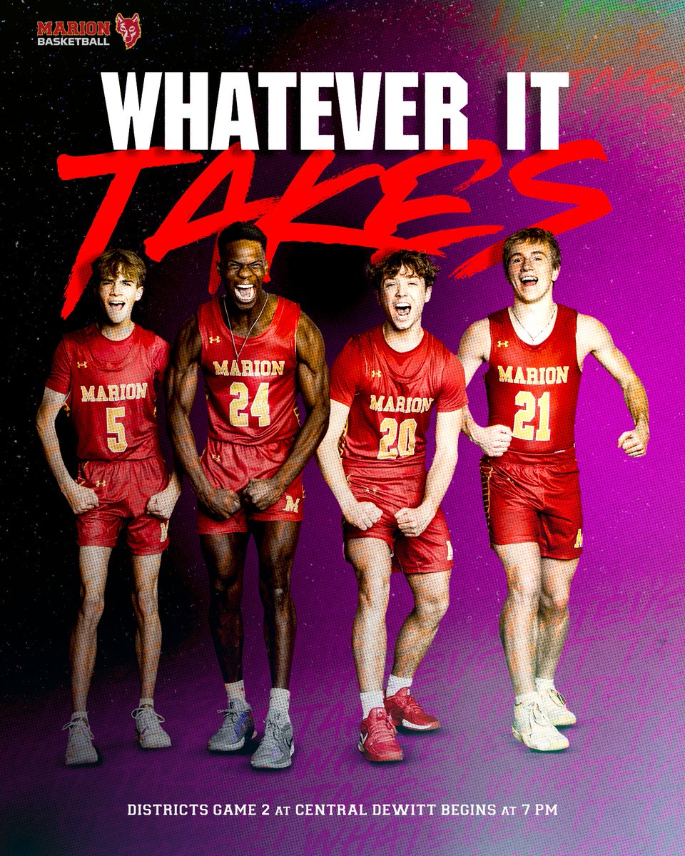 MarionBoysBball's tweet photo. Districts Game 2. Tonight at Central DeWitt. 7 PM.
One win away from the next round.
Same mindset. Same energy. Same mission.
Pack the bus. Pack the stands. Let them hear us on the road.
WHATEVER IT TAKES.
Go Wolves. 🐺 https://t.co/ZPBGCw3Nnt