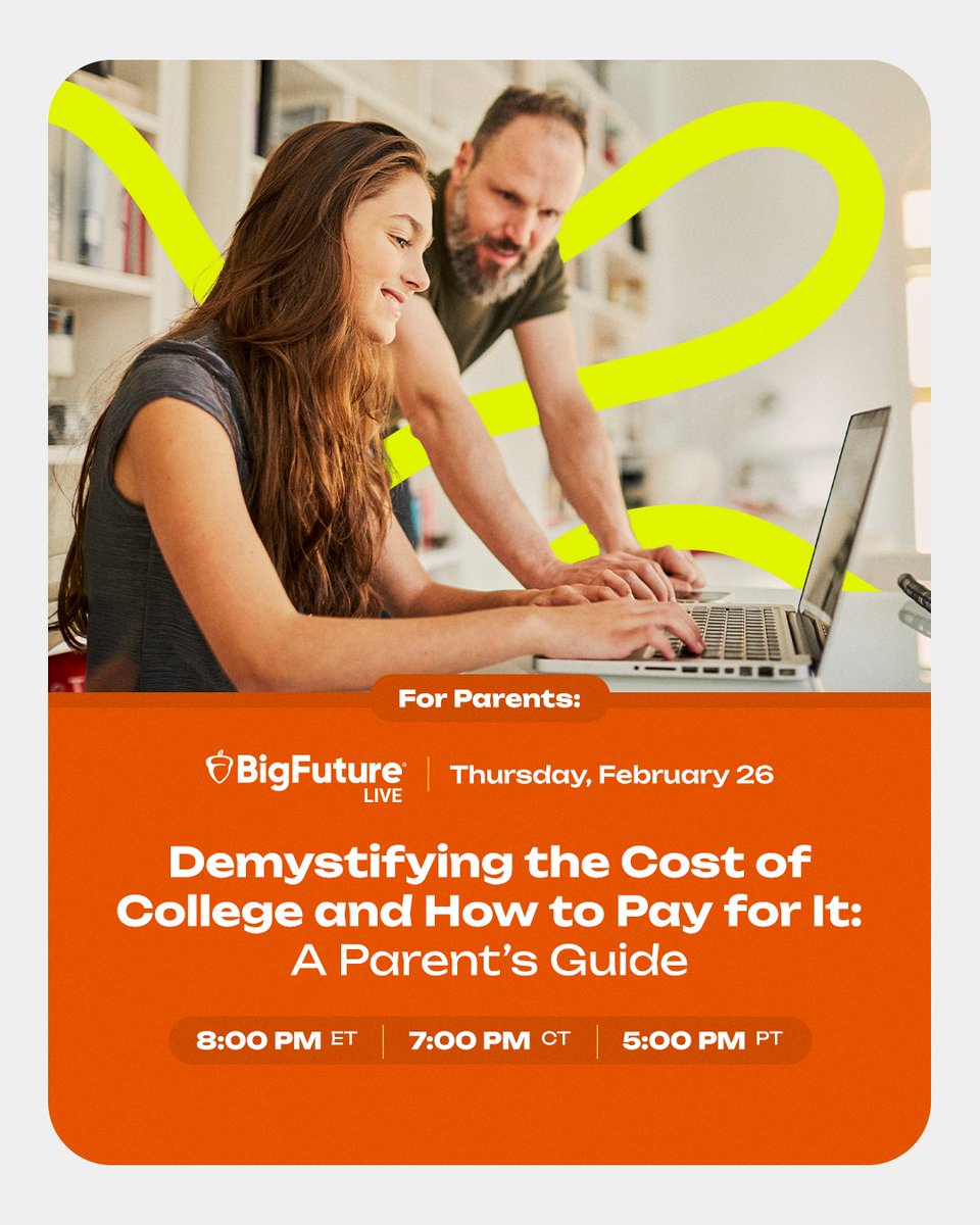 CollegeBoard's tweet image. Understand the real costs of college with #BigFuture Live.

Join us tomorrow for “Demystifying the Cost of College and How to Pay for It: A Parent’s Guide.” Our experts will walk through what families can expect and how to build a practical plan.

Register today ➡️