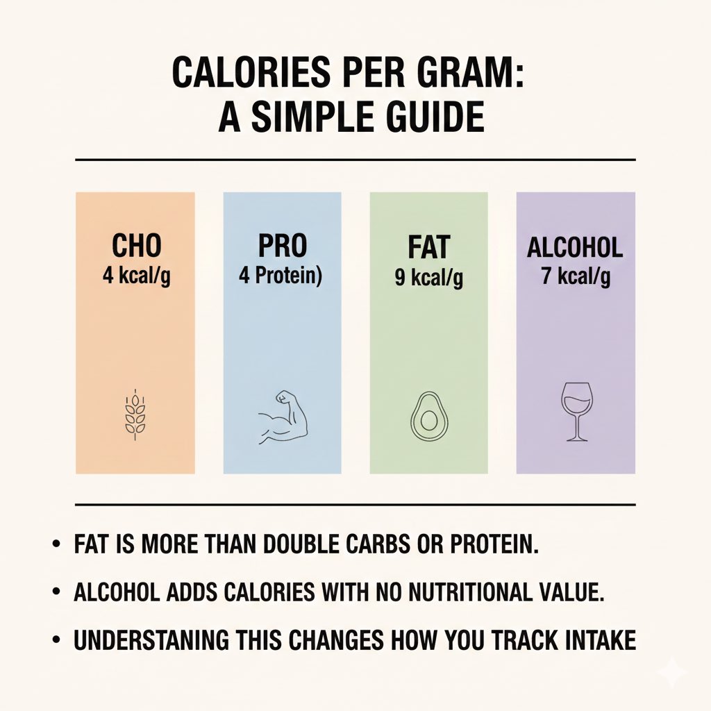 TheHealthCode26's tweet photo. Calories per gram:

CHO (Carbohydrates) – 4 kcal/g
PRO (Protein) – 4 kcal/g
FAT – 9 kcal/g
Alcohol – 7 kcal/g

Fat is more than double carbs or protein.
Alcohol adds calories with no nutritional value.

Understanding this changes how you track intake.

#health #Nutrition https://t.co/EHSio7LLLb