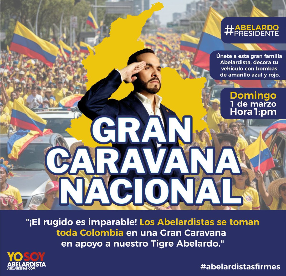 Desde #Fuerzapositivaporcolombia nos sumamos a la gran caravana nacional, en apoyo al Tigre 🐅 <a href="/ABDELAESPRIELLA/">Abelardo De La Espriella</a> y demostrar que ha llegado el momento de SALVAR a Colombia de la mano de <a href="/MovSalvacionNal/">Salvación Nacional</a>  por quien este 8 de marzo debemos de VOTAR todos los Abelardistas.