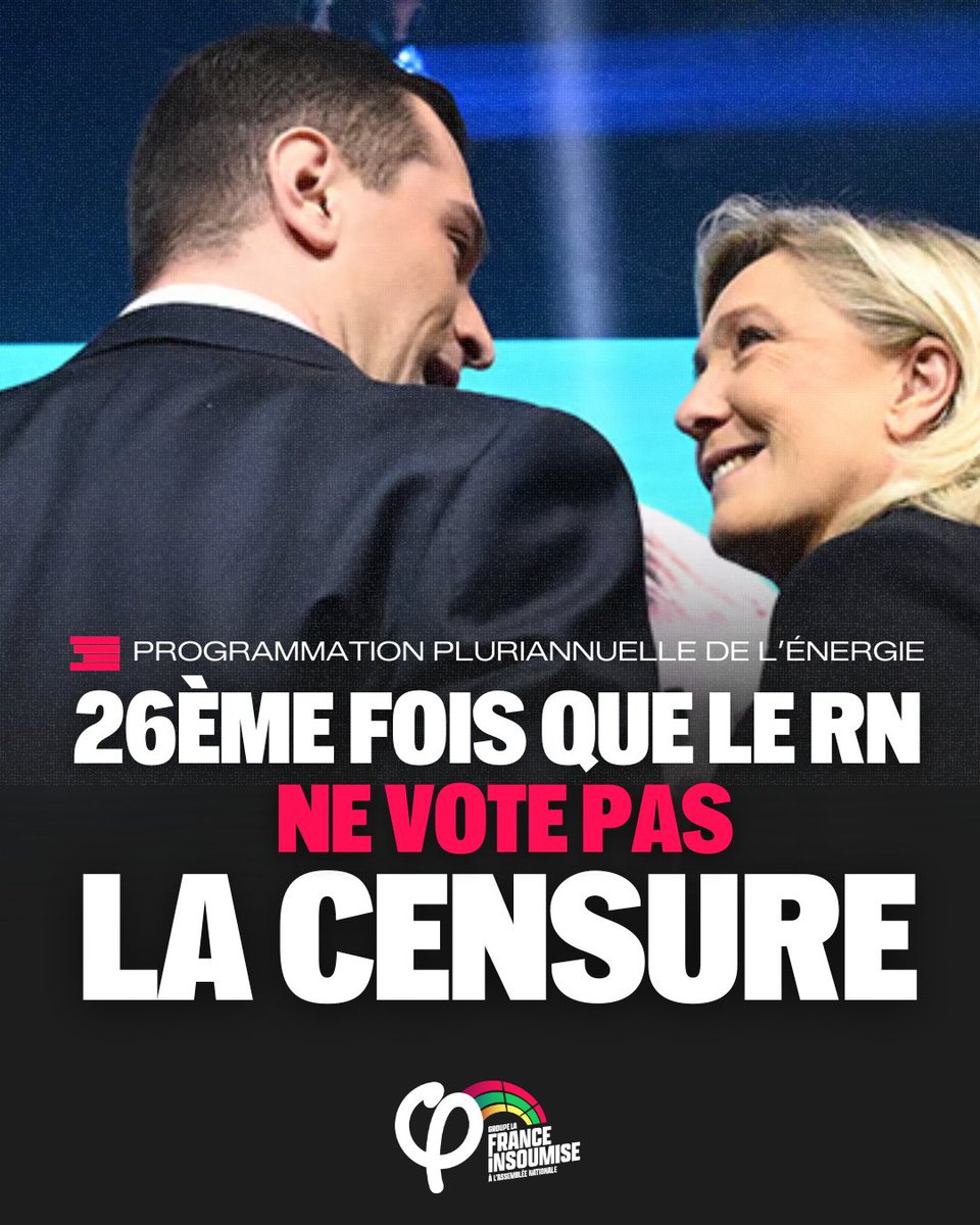 🔴⚡️ Le Gouvernement a imposé, par décret, sans débat ni vote, la trajectoire énergétique de la France pour des décennies, sacrifiant les énergies renouvelables. C'est un 49-3 déguisé.

Le RN et le PS n'ont pas voté notre motion de censure.

Depuis 2022, le RN a refusé 26 fois de